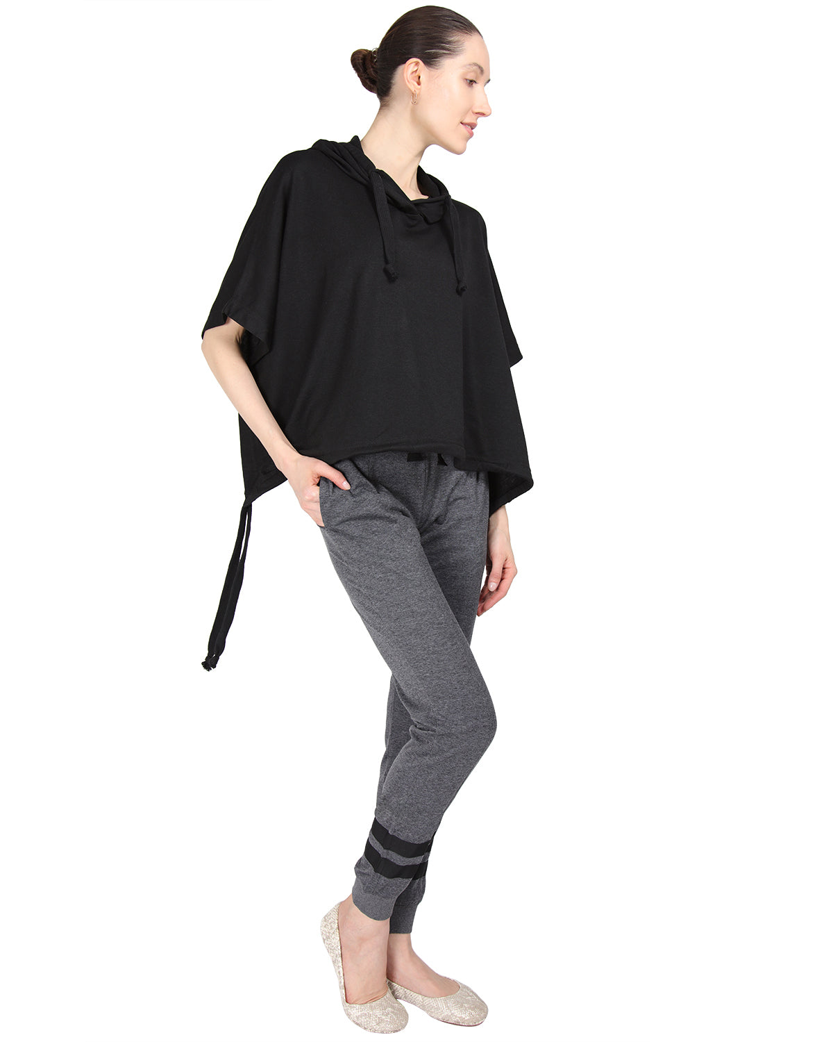 Women's Hooded Cotton Blend Cape with Tie Detail and Embroidery