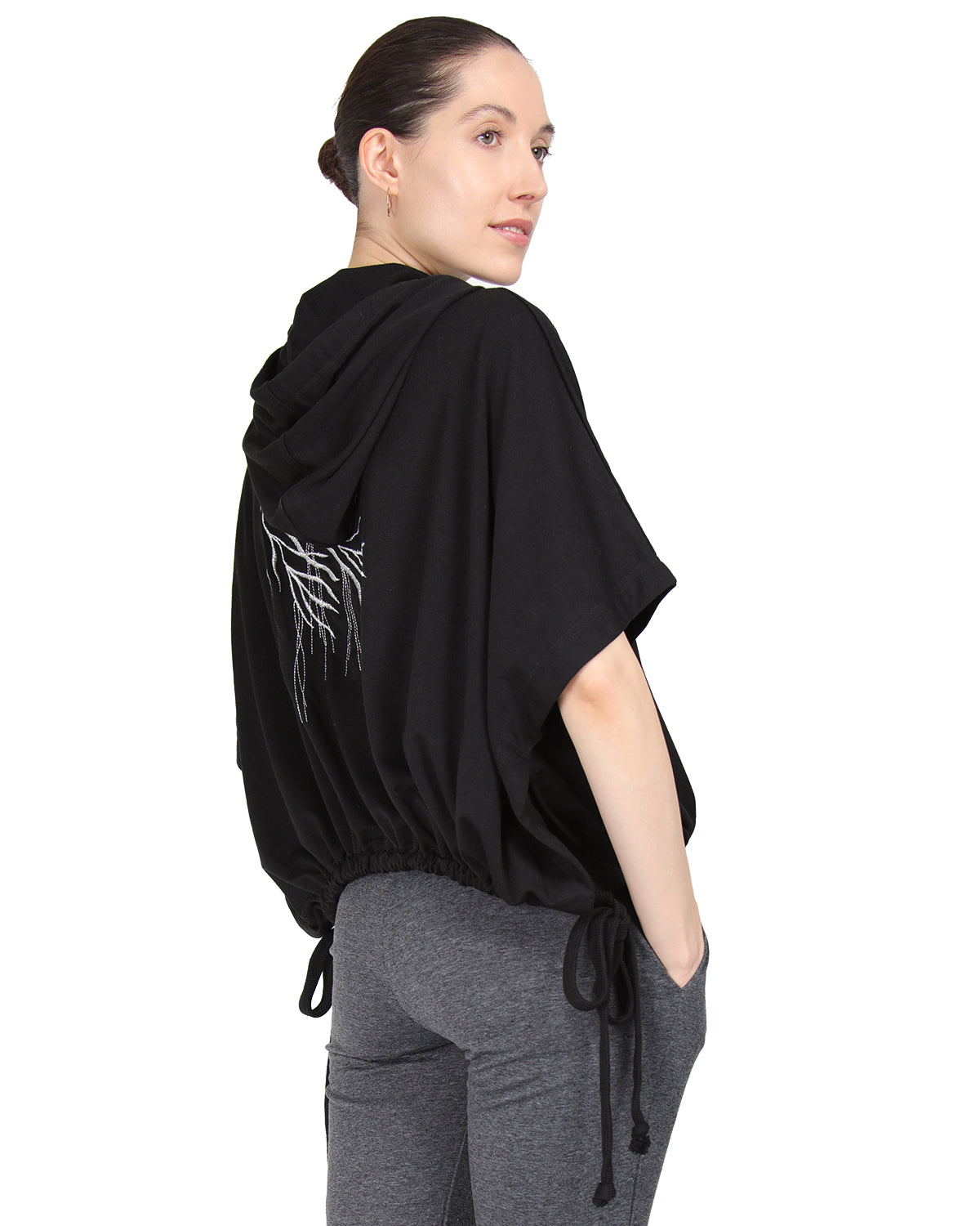 Women's Hooded Cotton Blend Cape with Tie Detail and Embroidery