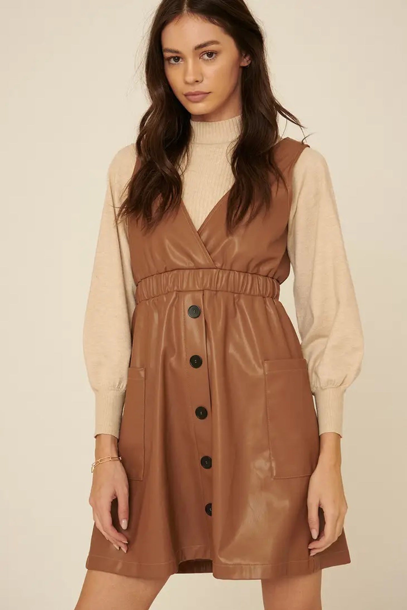 Caroline Faux Leather Surplice Mini Dress | Taupe Button-Up Polyester Dress | Fall Dress | Overall Dress