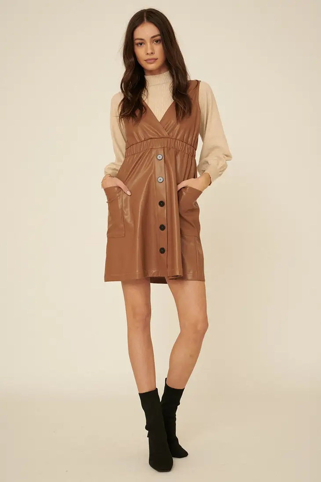 Caroline Faux Leather Surplice Mini Dress | Taupe Button-Up Polyester Dress | Fall Dress | Overall Dress