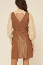 Caroline Faux Leather Surplice Mini Dress | Taupe Button-Up Polyester Dress | Fall Dress | Overall Dress