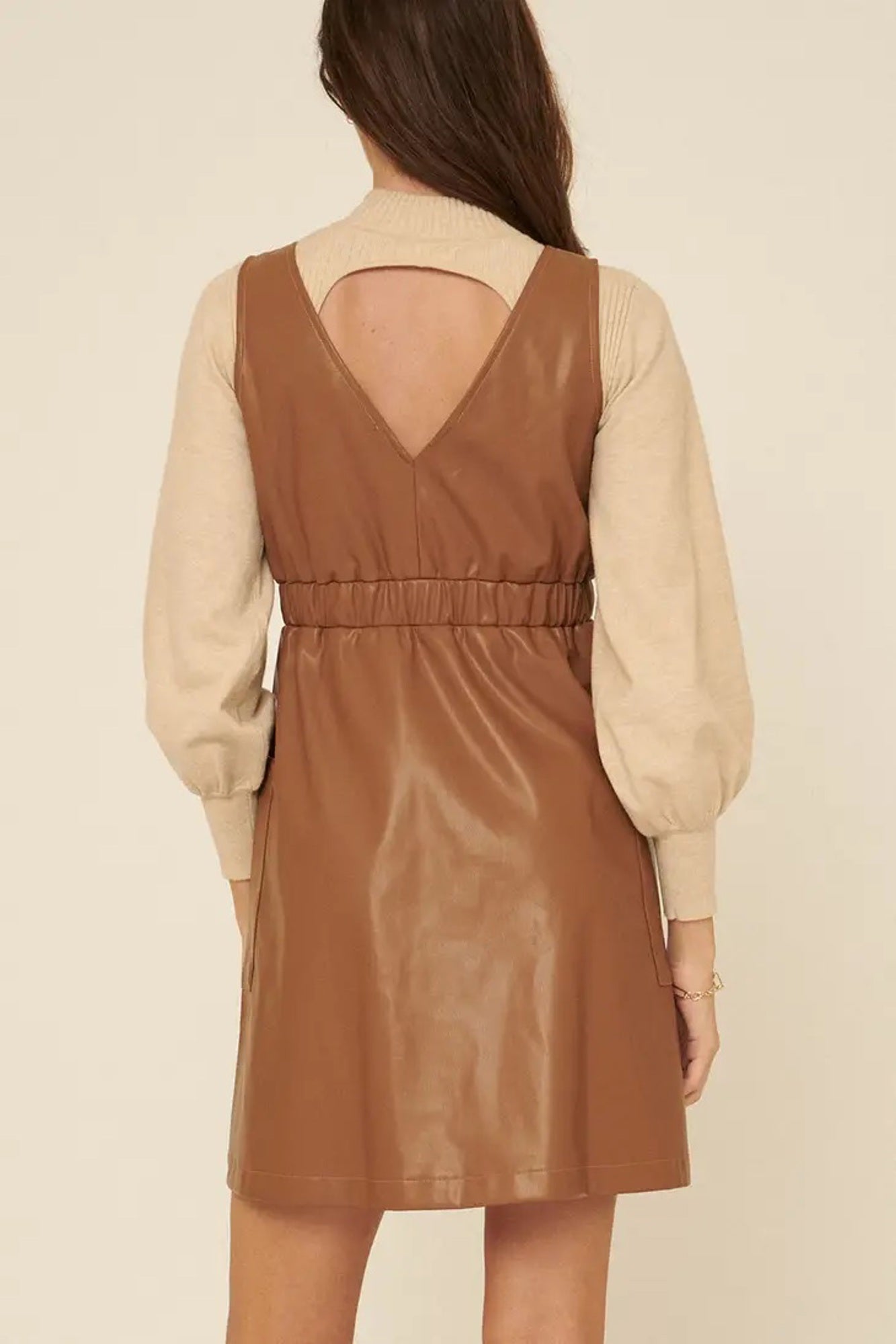 Caroline Faux Leather Surplice Mini Dress | Taupe Button-Up Polyester Dress | Fall Dress | Overall Dress