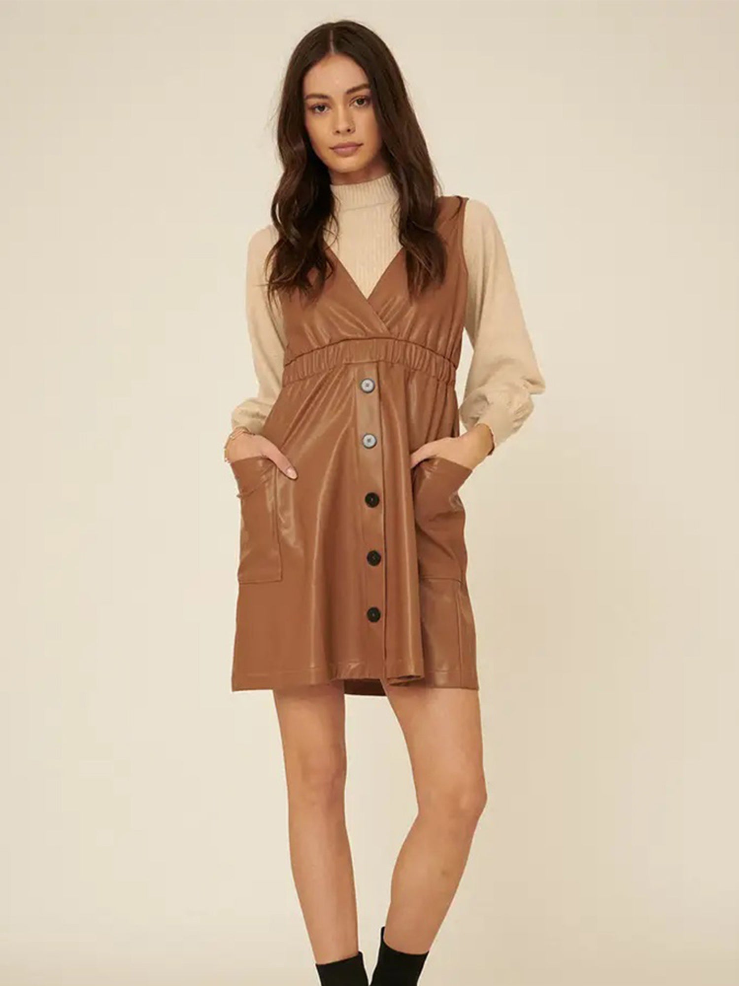 Caroline Faux Leather Surplice Mini Dress | Taupe Button-Up Polyester Dress | Fall Dress | Overall Dress