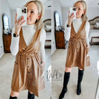 Caroline Faux Leather Surplice Mini Dress | Taupe Button-Up Polyester Dress | Fall Dress | Overall Dress