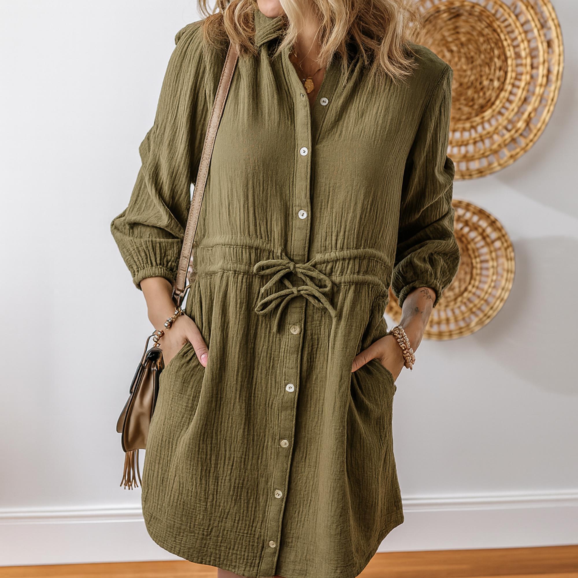 Love KuzZ -Olive Whisper Cotton Shirt Dress