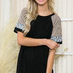 SOLID MINI DRESS WITH COLOR BLOCK SHORT SLEEVES