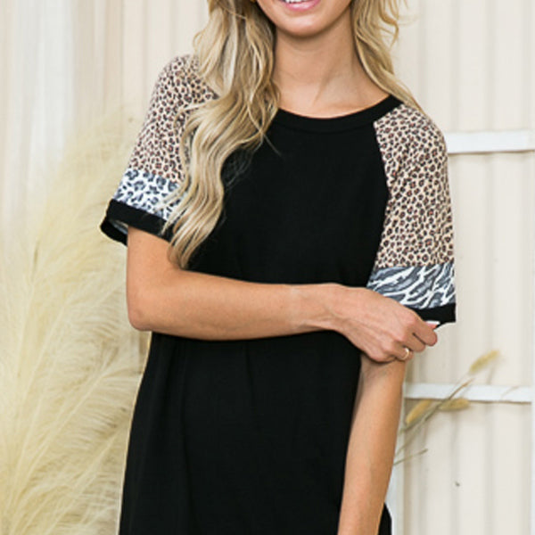 SOLID MINI DRESS WITH COLOR BLOCK SHORT SLEEVES