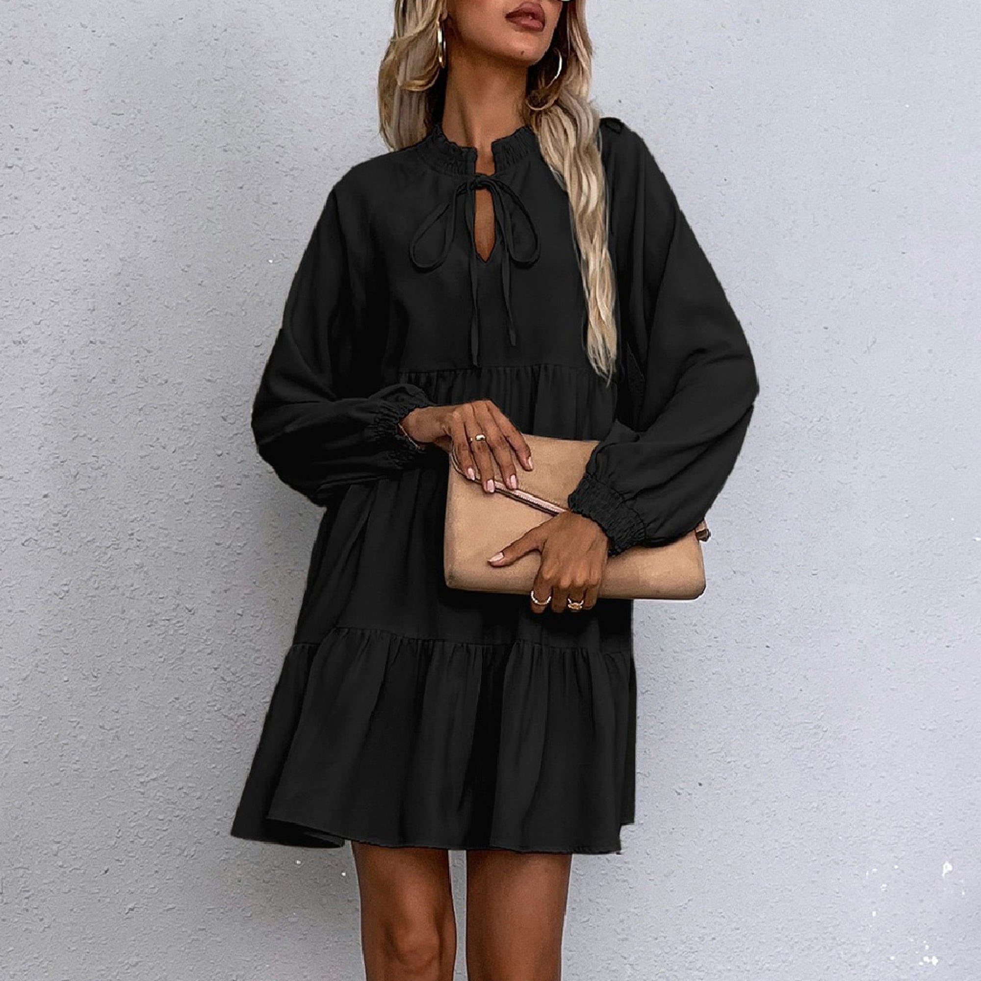 HIDDEN GEMS | Ruffle Tied-Neck Puff Sleeve Dress