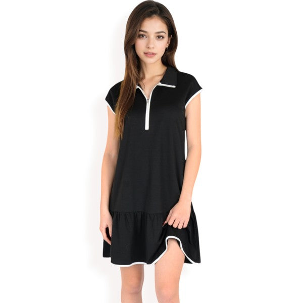Women's Zip-Up Collared Dress with Ruffle Hem