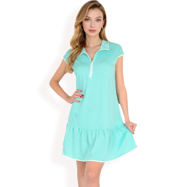 Women's Zip-Up Collared Dress with Ruffle Hem