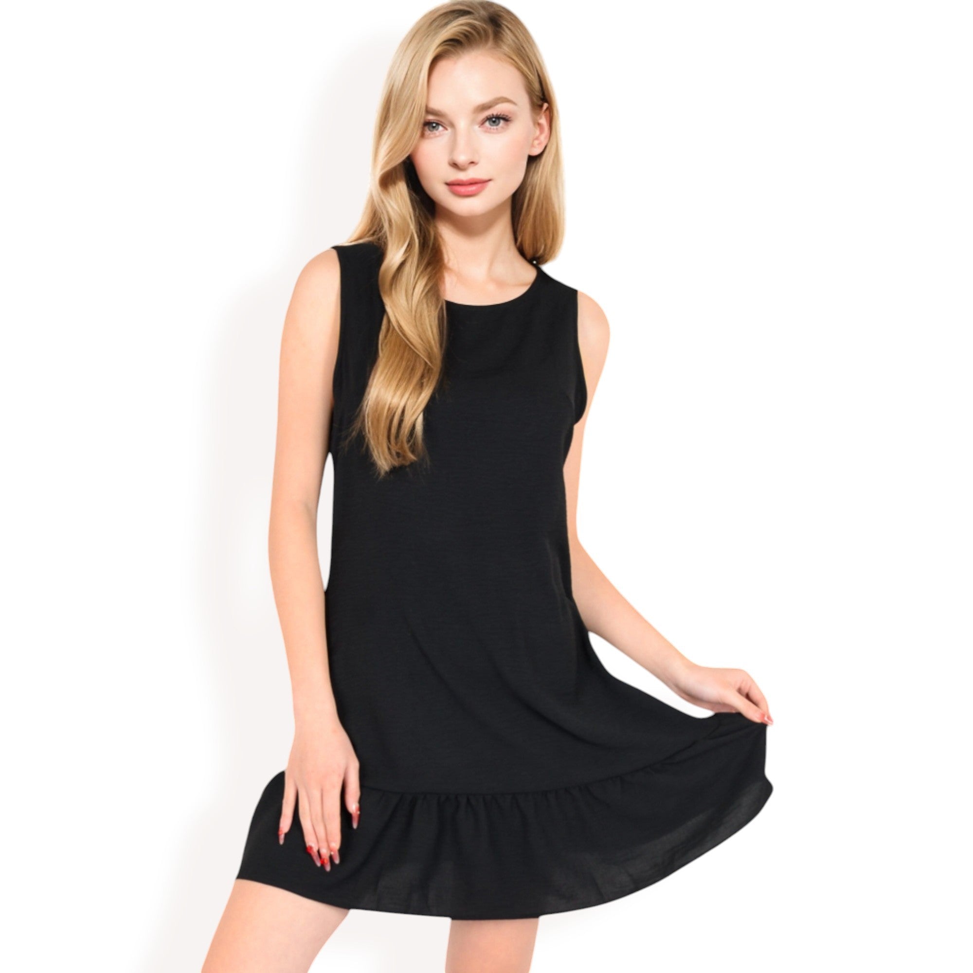 Women's Sleeveless Ruffle Hem Textured Shift Dress