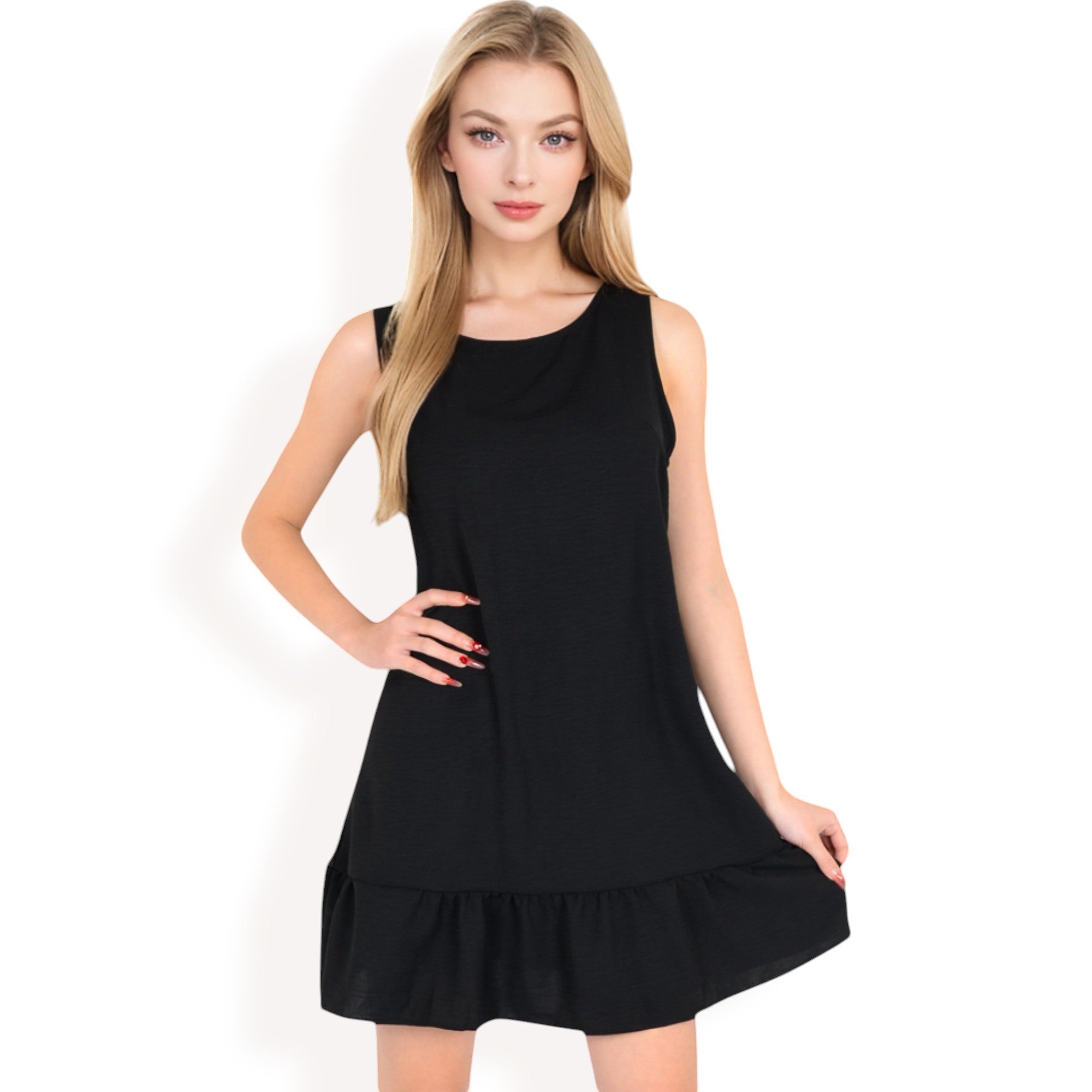 Women's Sleeveless Ruffle Hem Textured Shift Dress