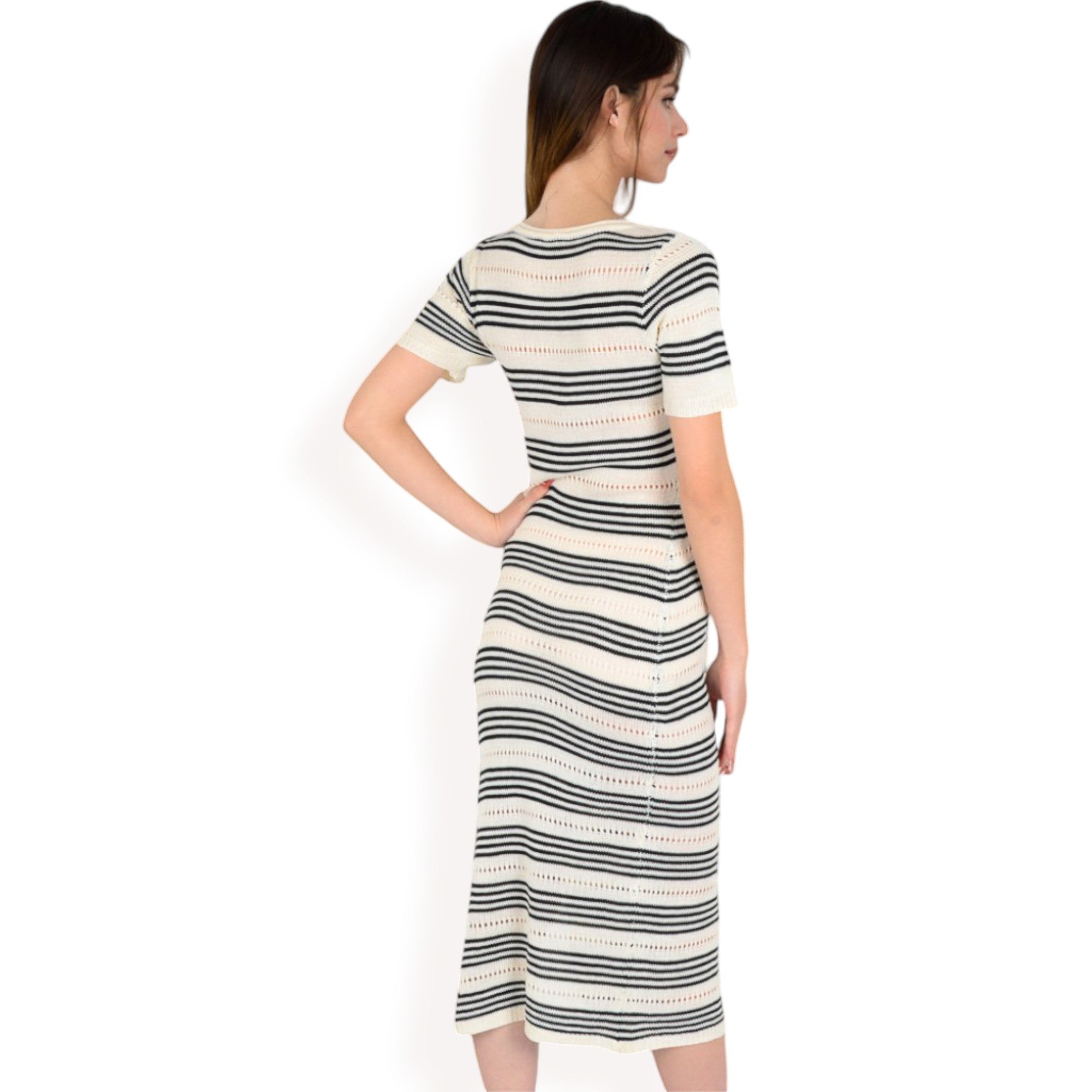 Women's Striped Knit Midi Dress with Side Slit