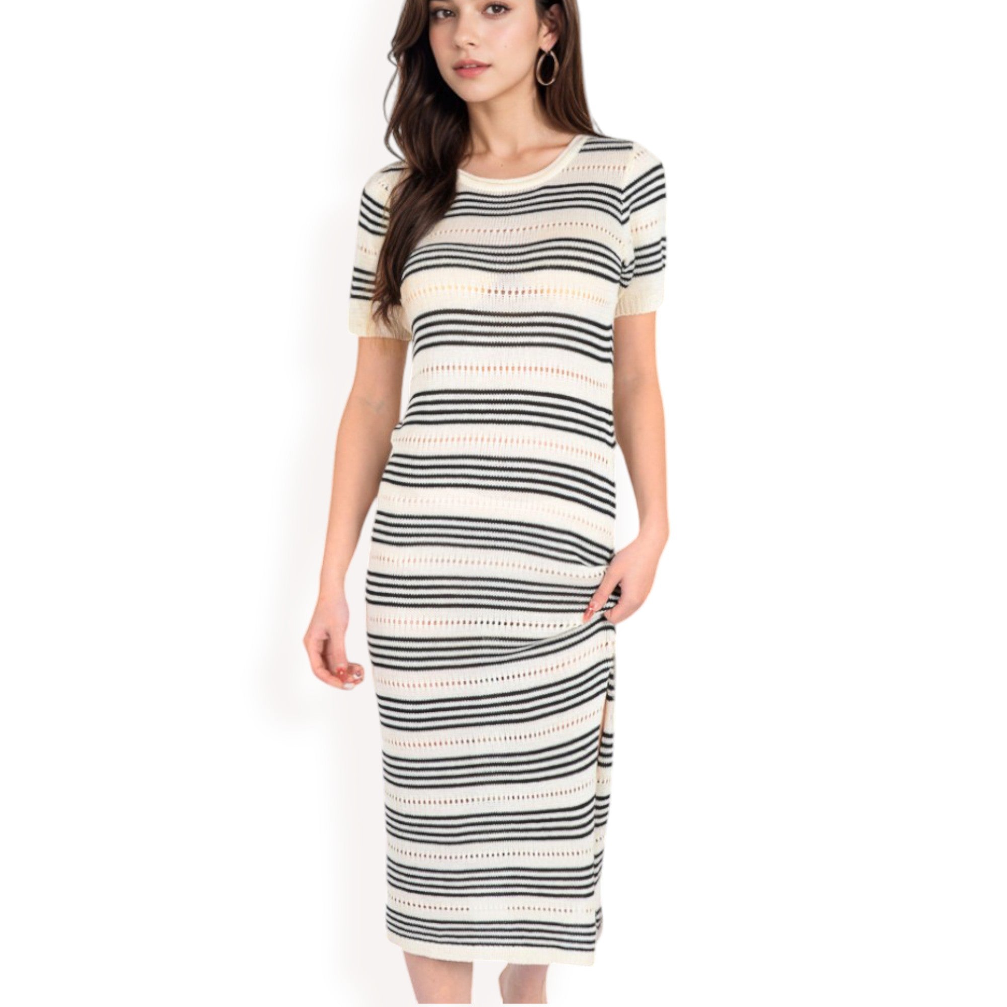 Women's Striped Knit Midi Dress with Side Slit