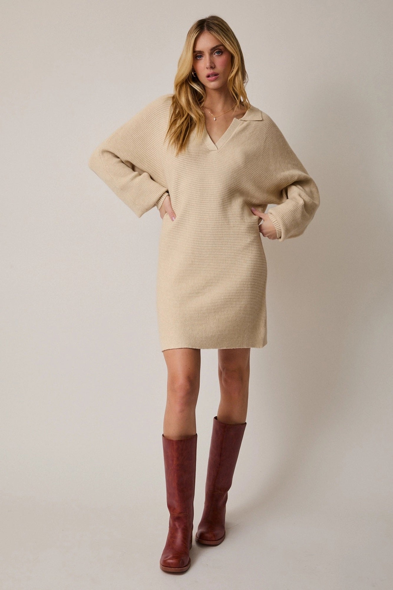 Kristin Collared Sweater Dress | Women's Fall and Winter Fashion | Thanksgiving and Holiday Outfit Inspo | Neutral | Long Sleeves | Mini | Layering