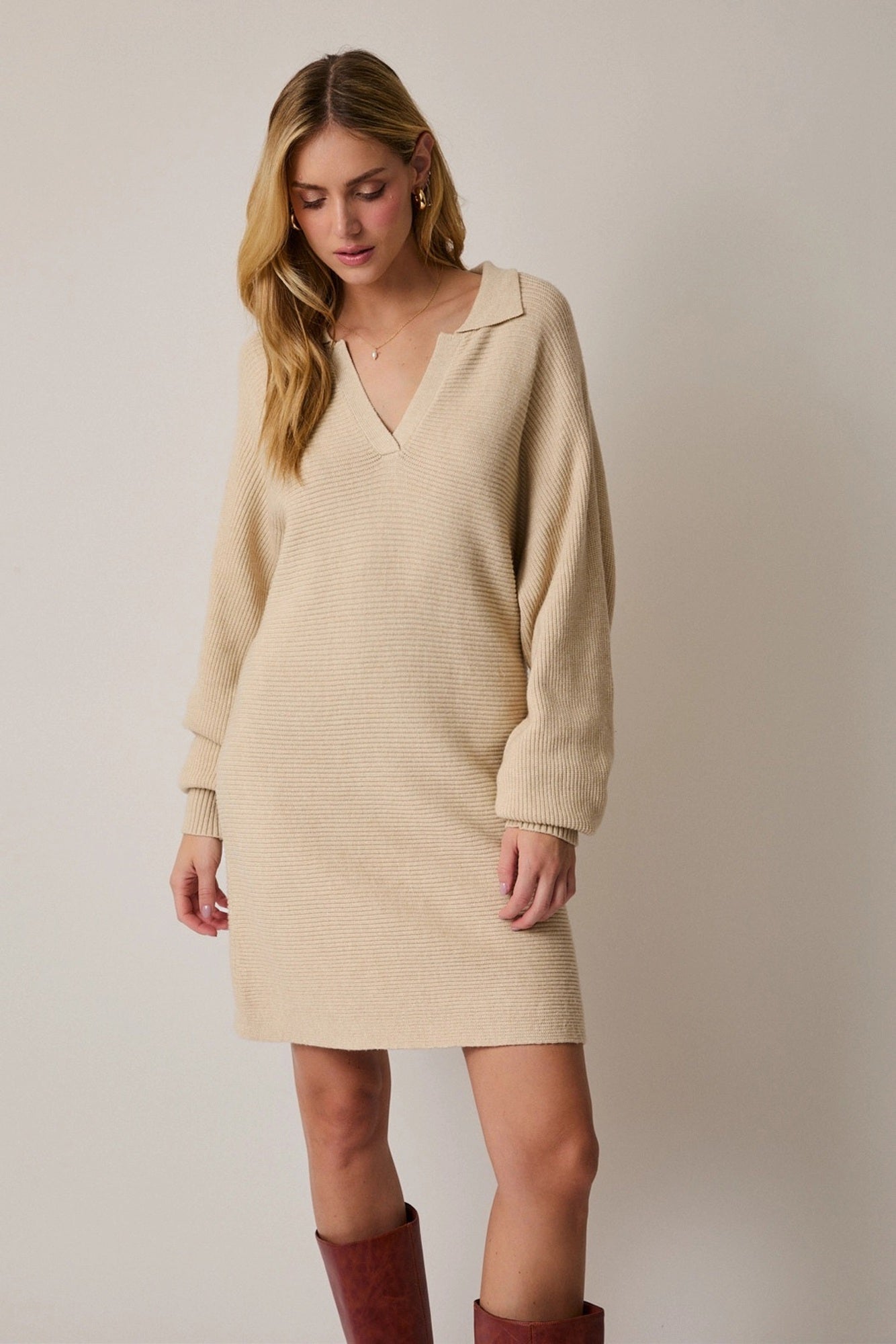 Kristin Collared Sweater Dress | Women's Fall and Winter Fashion | Thanksgiving and Holiday Outfit Inspo | Neutral | Long Sleeves | Mini | Layering