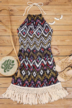Aztec Halter Neck Sleeveless Tasseled Dress