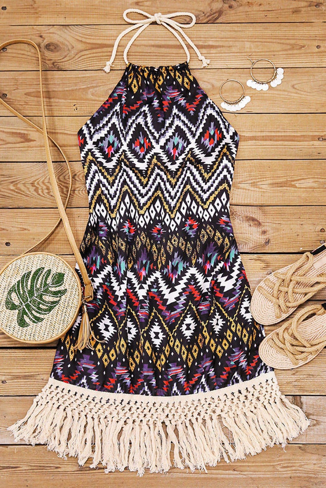 Aztec Halter Neck Sleeveless Tasseled Dress