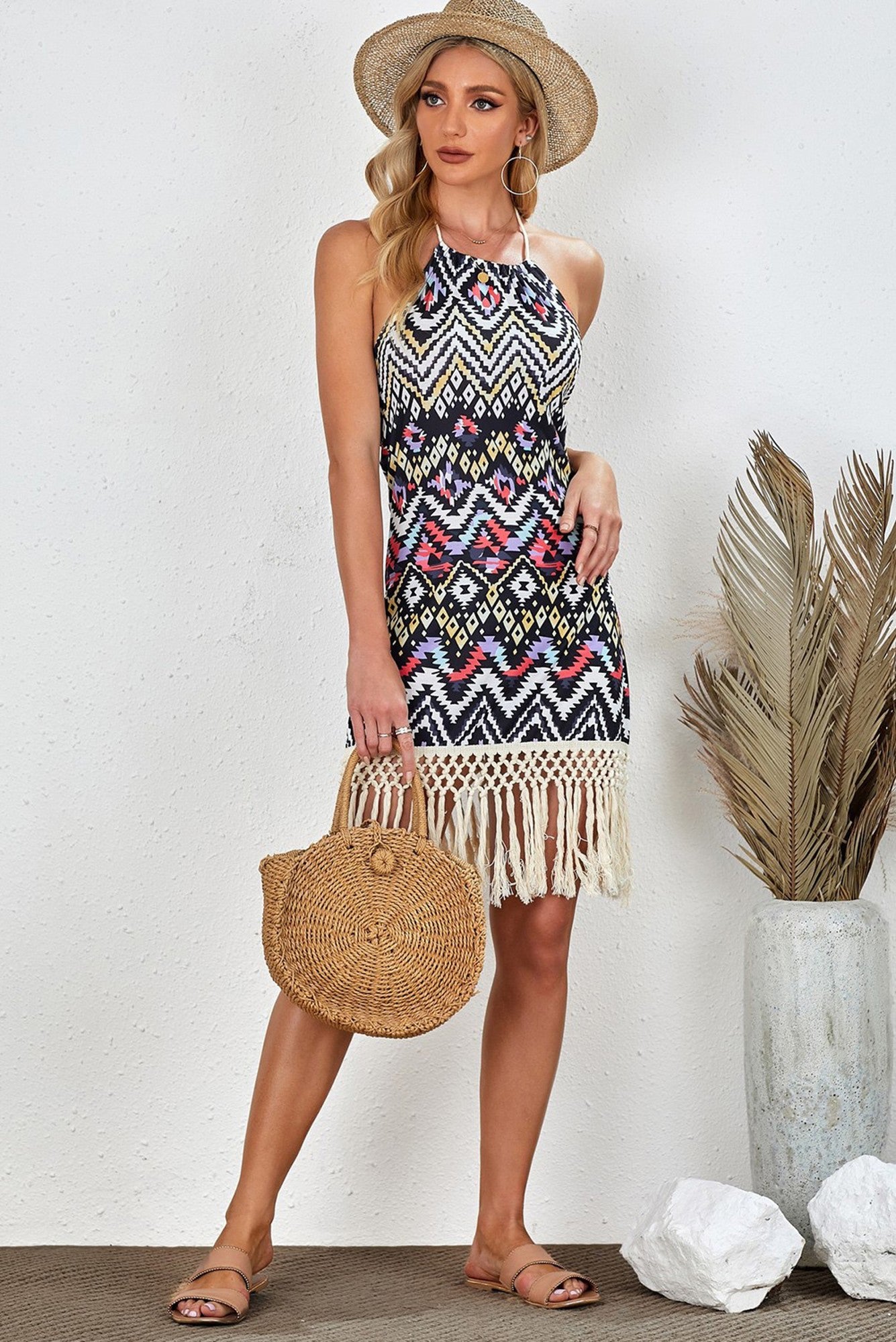 Aztec Halter Neck Sleeveless Tasseled Dress