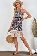 Aztec Halter Neck Sleeveless Tasseled Dress