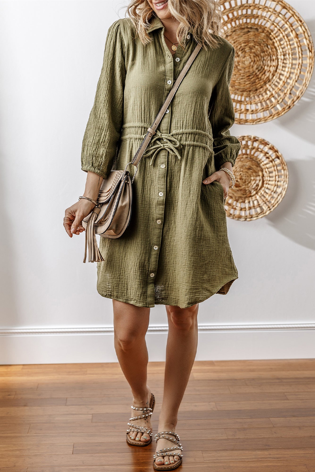 Love KuzZ -Olive Whisper Cotton Shirt Dress
