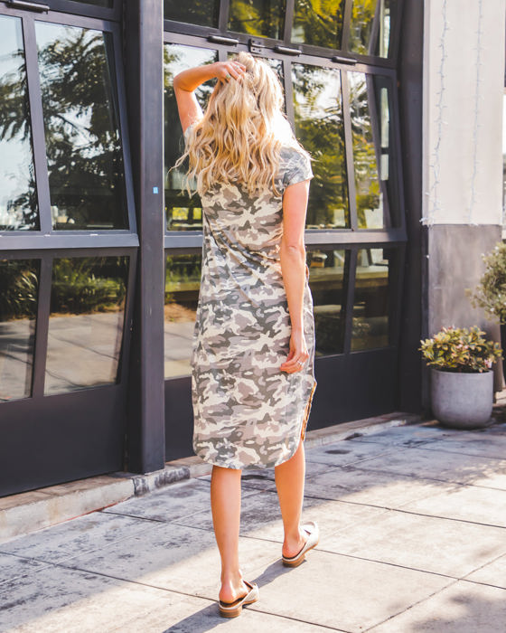 Patterned Scoop Hem Midi Pocket Dress