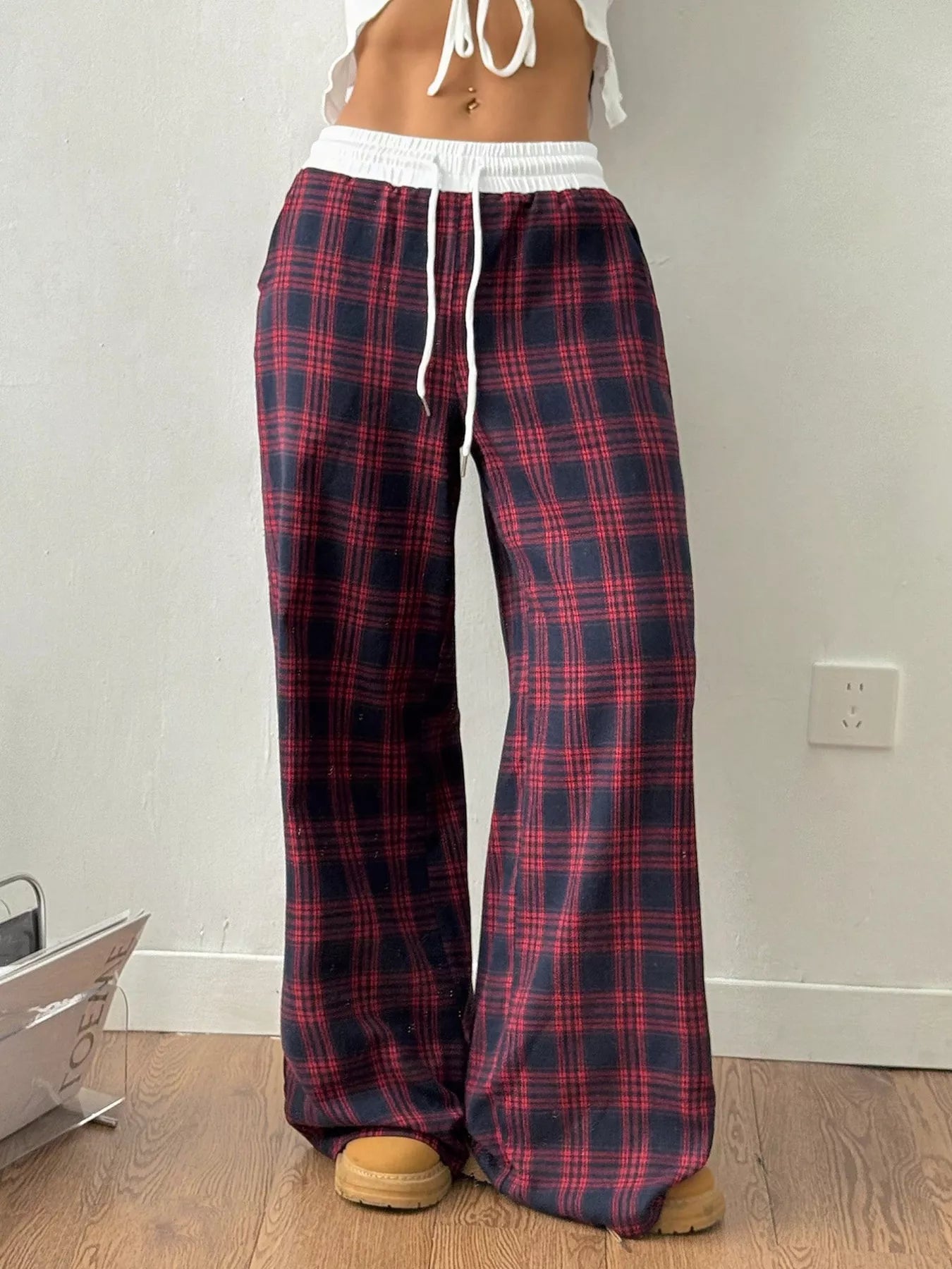 Plaid Wide-Leg Pants with Elastic Waistband