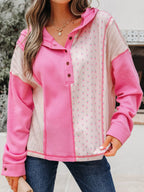 Mixed Texture Waffle Floral Patchwork Hooded Oversize Pullover