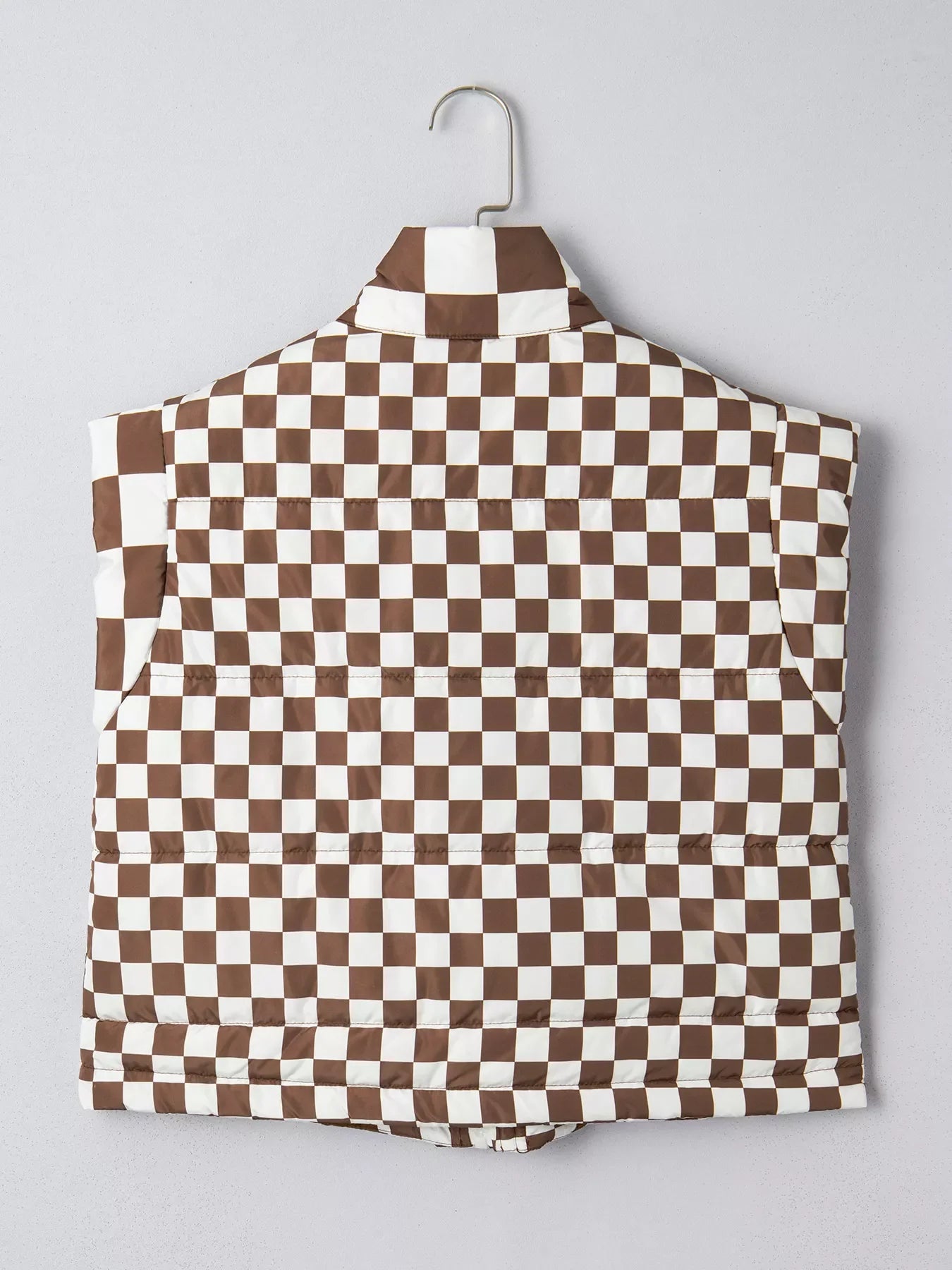 Double Checked Stand Collar Cropped Puffer Vest