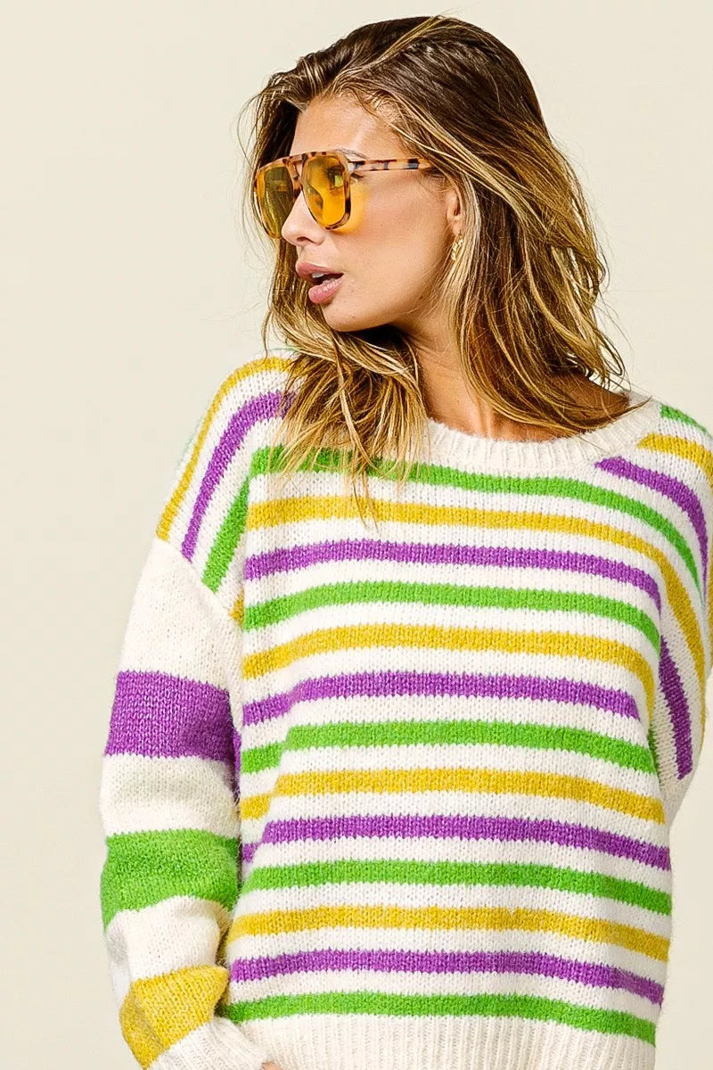 BiBi Mardi Gras Colors Stripe Comfy Sweater