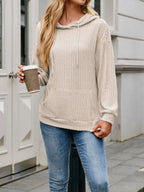 Casual Drawstring Ribbed Knit Hoodie