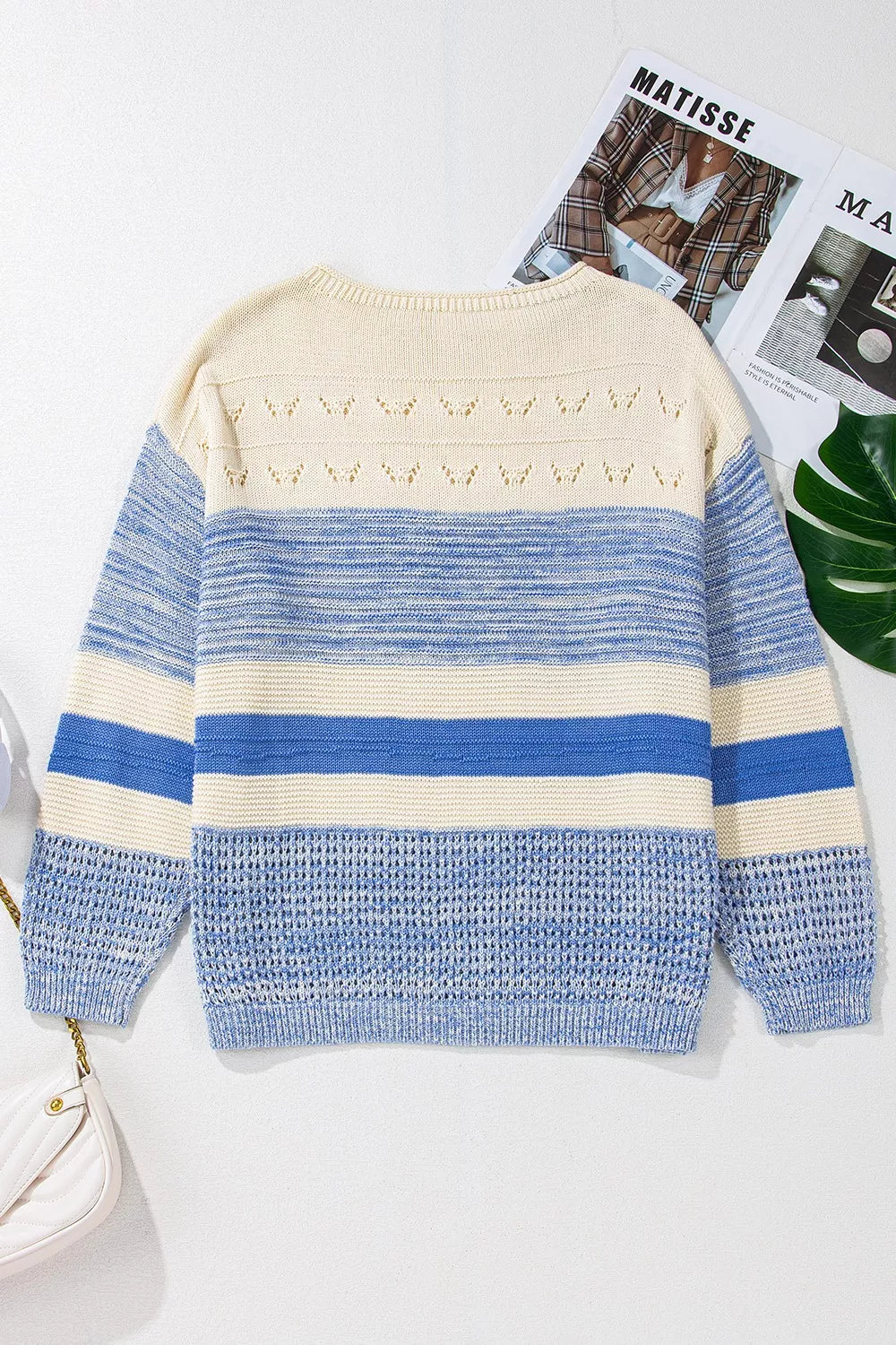 Openwork Striped Knit Long Sleeve Sweater