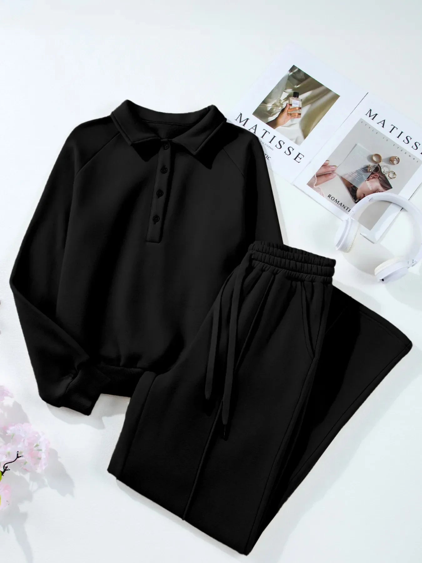 Collared Sweatshirt and High Waist Pants Active Set