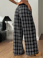Plaid Wide-Leg Pants with Elastic Waistband