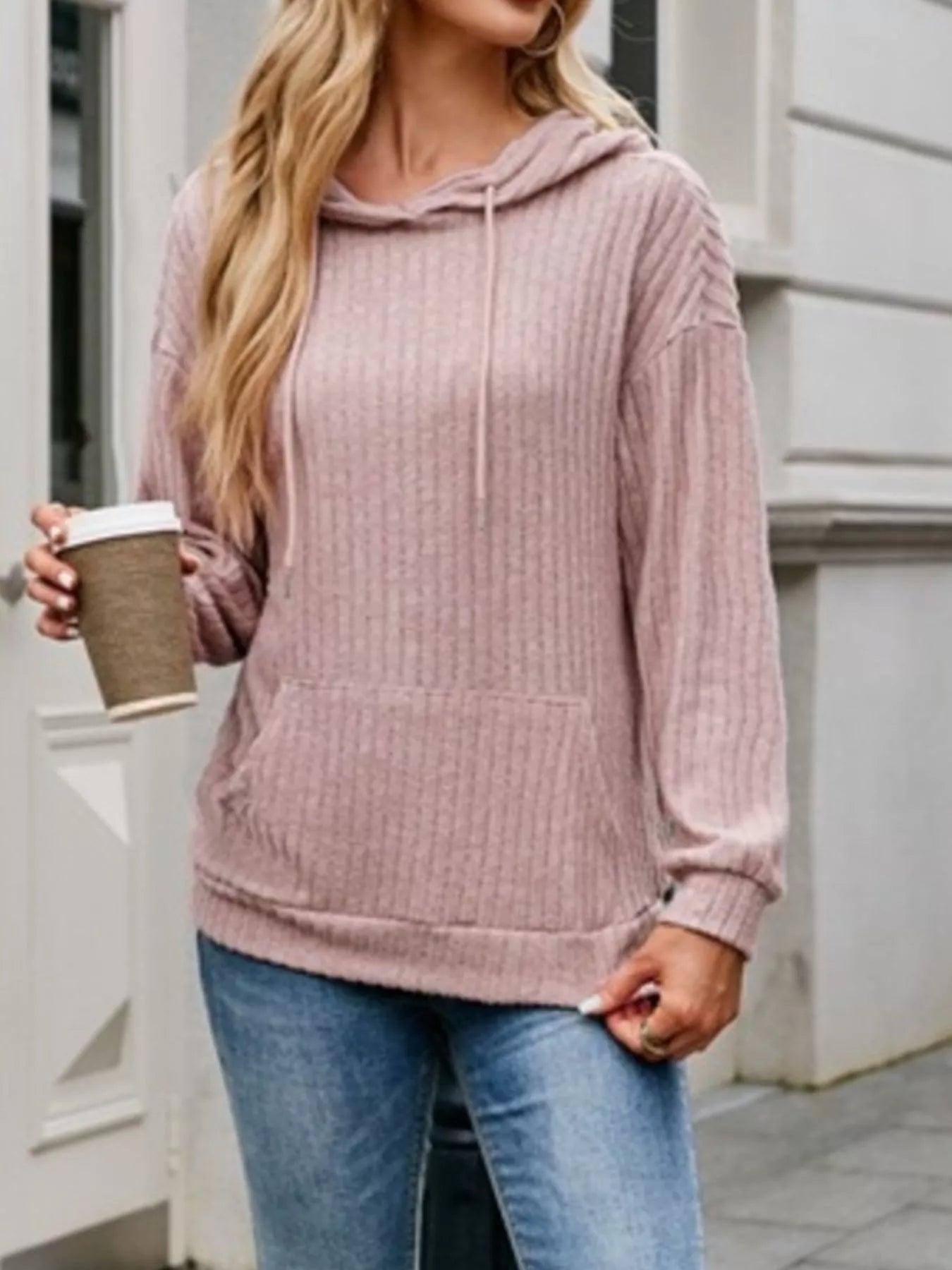 Casual Drawstring Ribbed Knit Hoodie