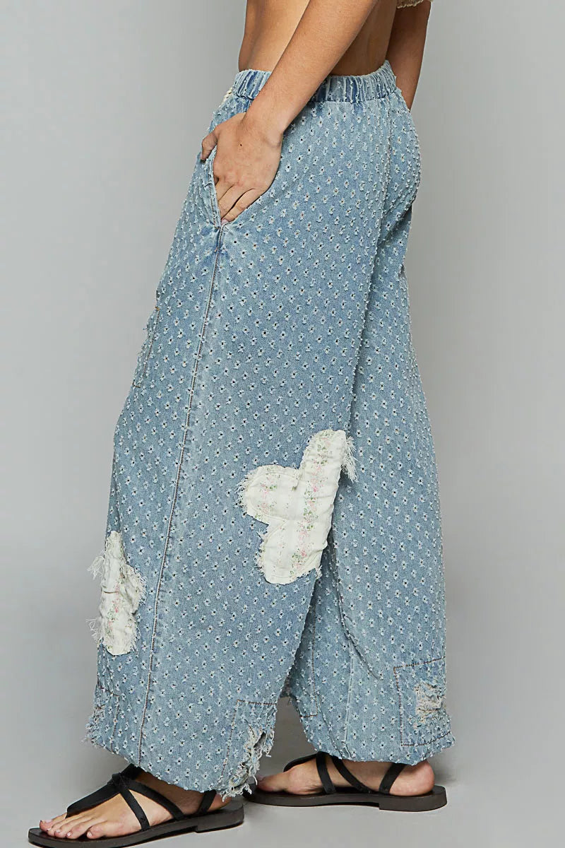 POL Floral Patch Washed Textured Twill Pants with Crochet See Thru Patch