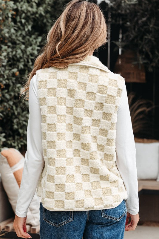 Checker Sherpa Snap Button Vest Jacket With Pocket