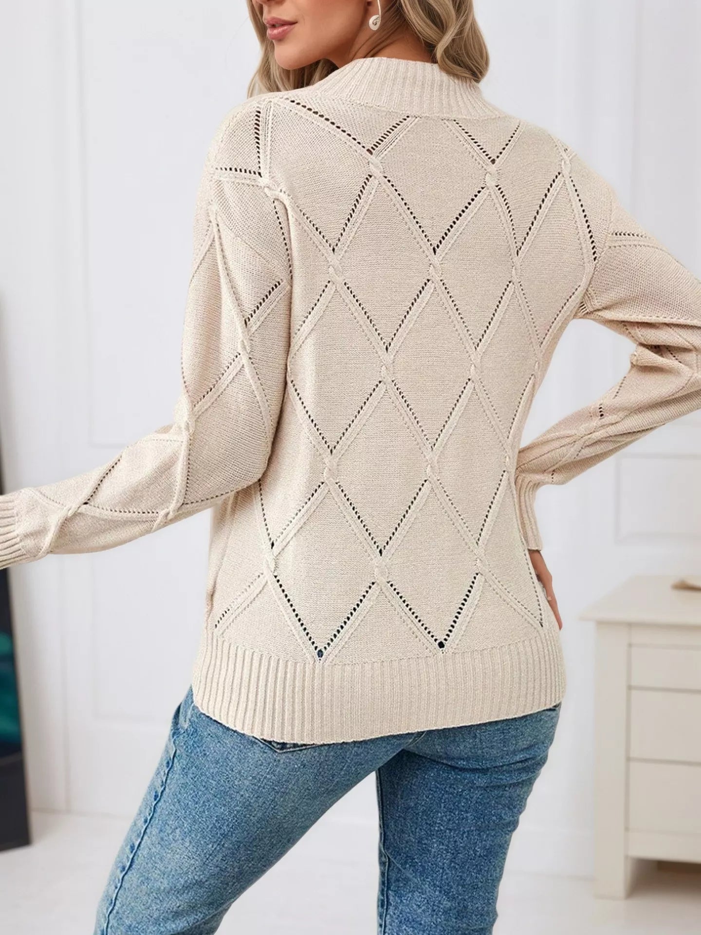 Long Sleeve Diamond Eyelet Knit Top