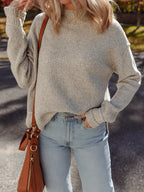 Waffle Texture Knit Ribbed High Neck Drop Shoulder Sweater