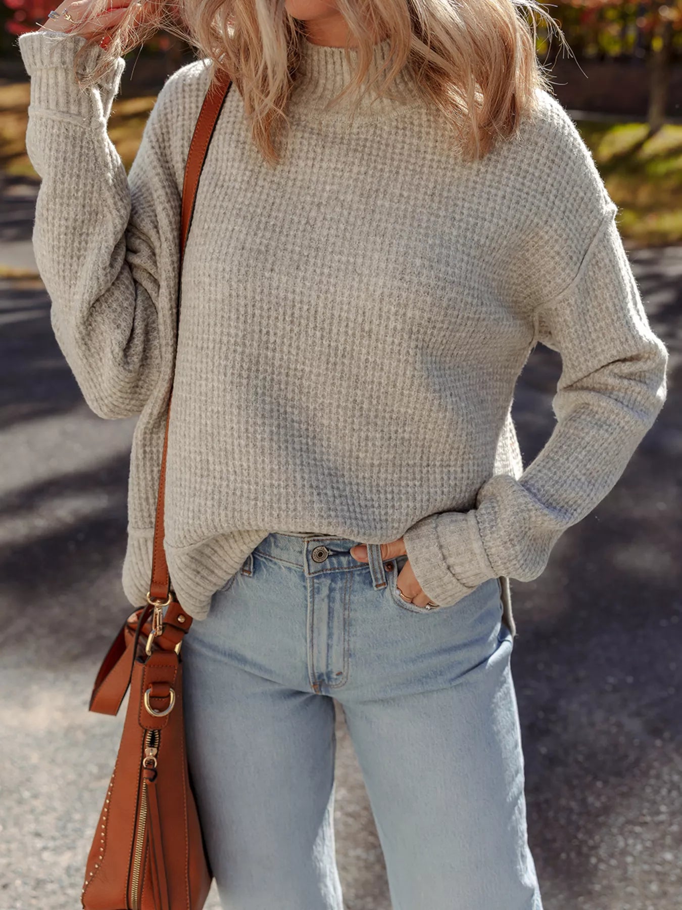 Waffle Texture Knit Ribbed High Neck Drop Shoulder Sweater