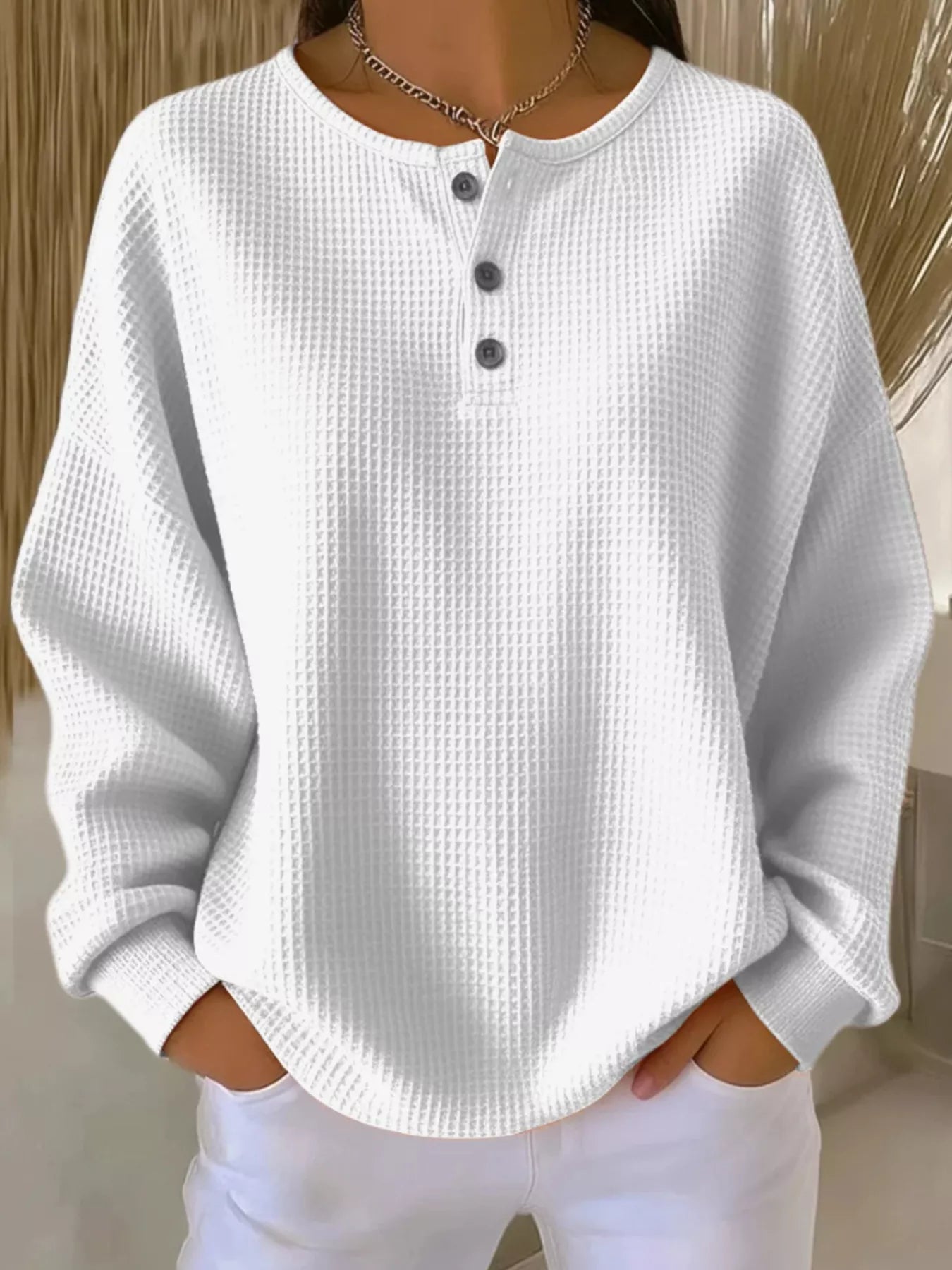 Full Size Casual Waffle Knit Button Detail Pullover Plus Size