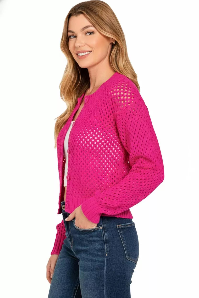 Zenana Button Down Lightweight Crochet Cardigan Sweater