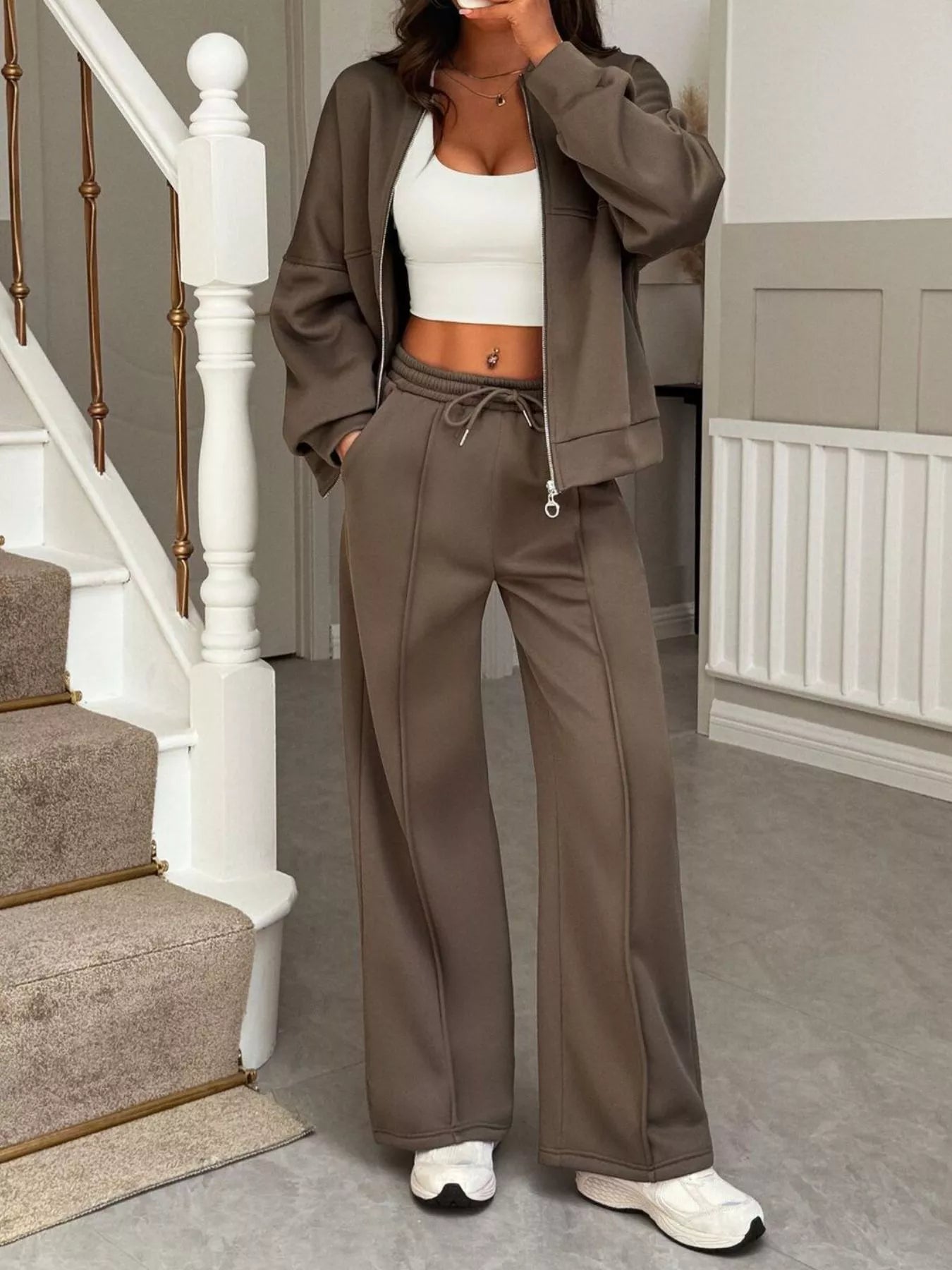Casual Zipper Front Top and Wide Leg Pants Set