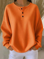 Full Size Casual Waffle Knit Button Detail Pullover Plus Size