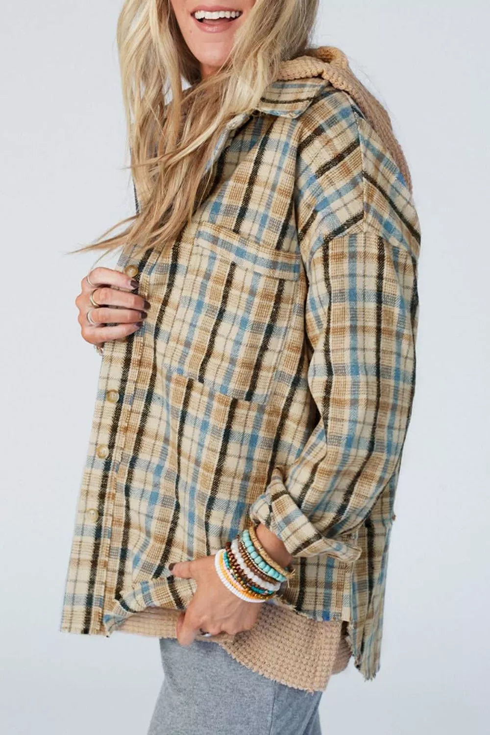 Plaid Drawstring Hooded Flannel Jacket