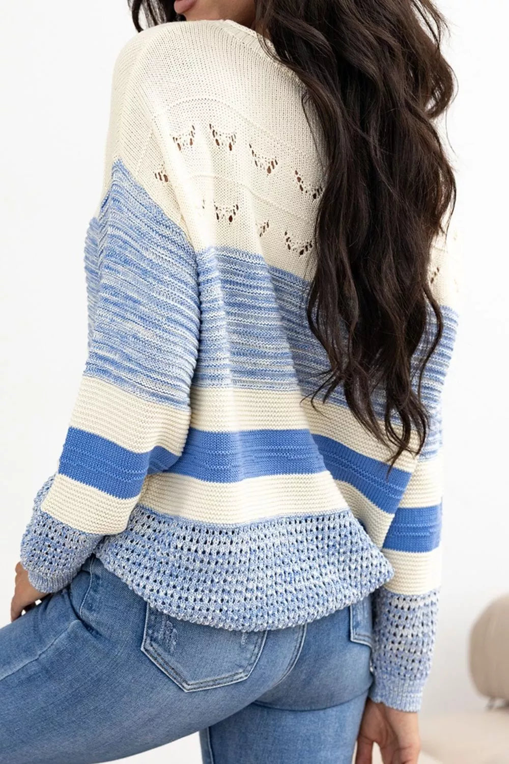 Openwork Striped Knit Long Sleeve Sweater