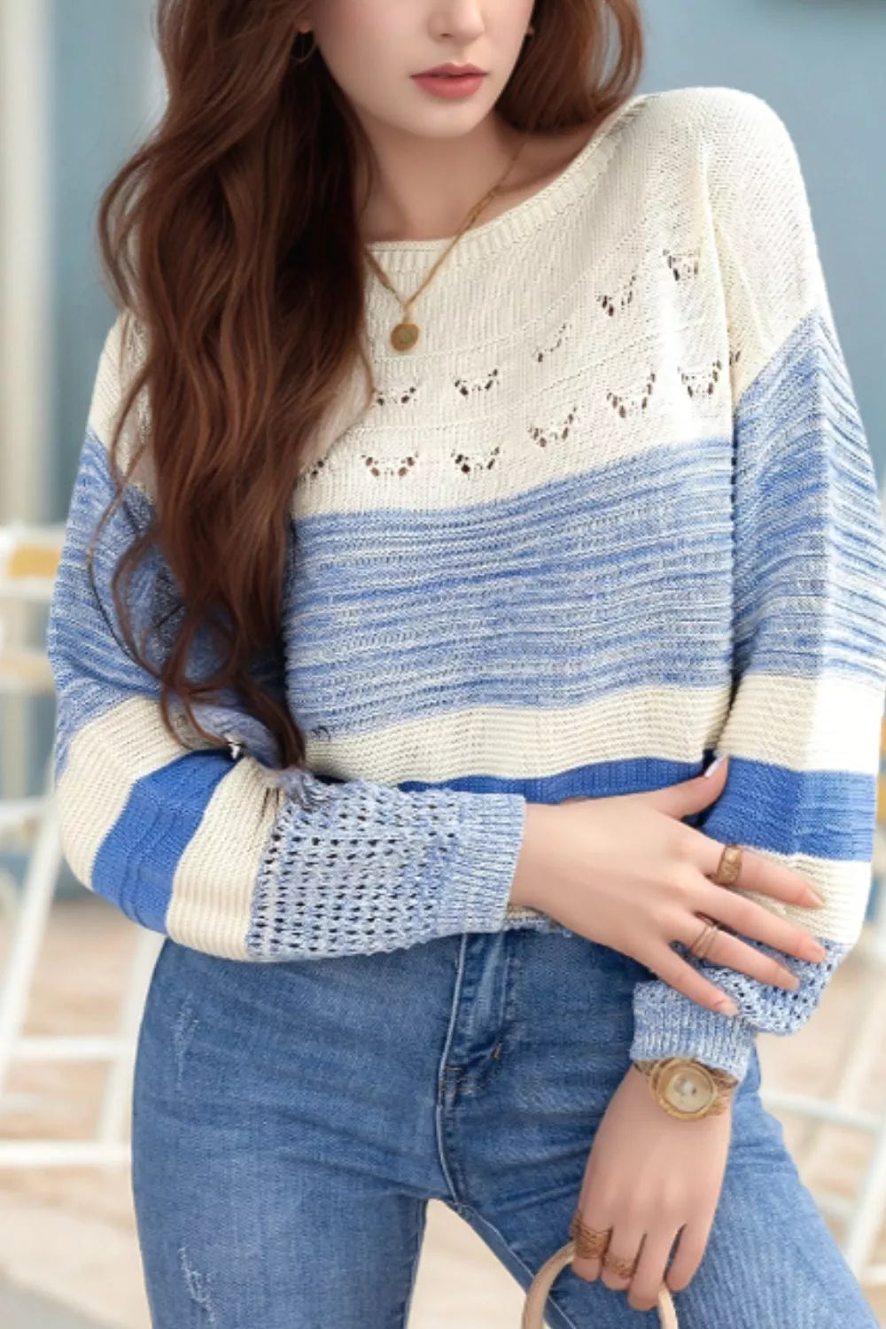 Openwork Striped Knit Long Sleeve Sweater