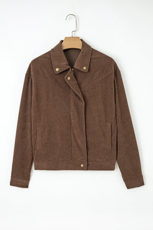 Solid Corduroy Lapel Collar Zip-Up Buttoned Jacket