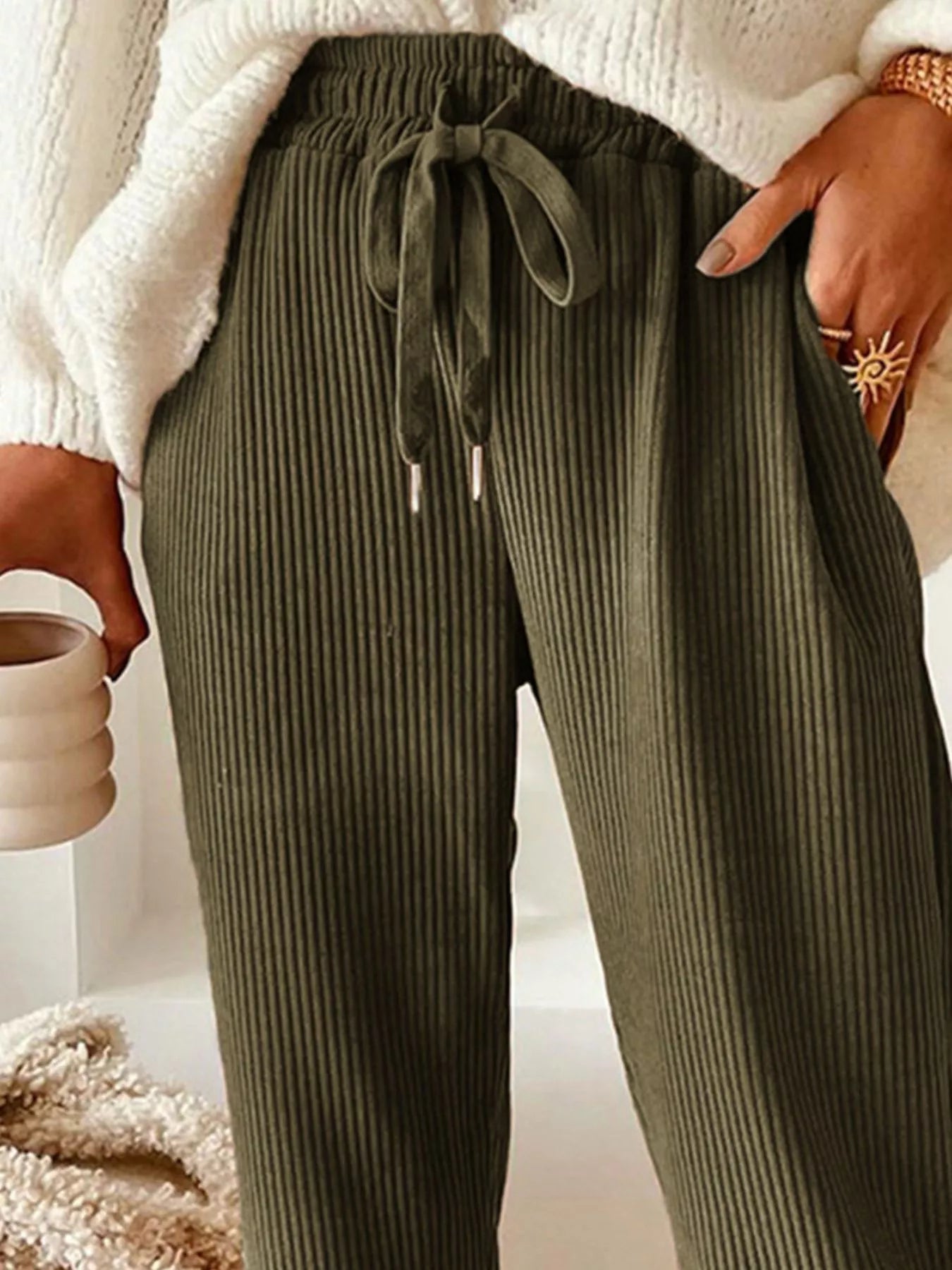 Casual Corduroy Drawstring Waist Pants