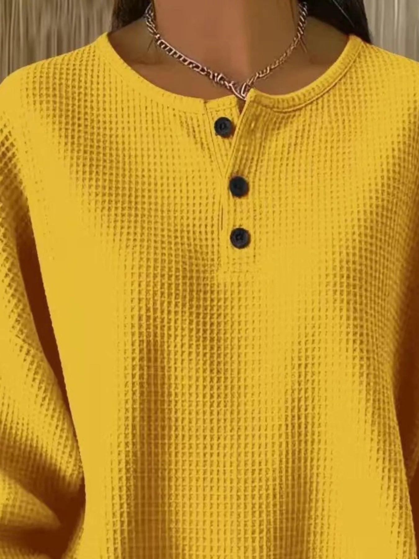Full Size Casual Waffle Knit Button Detail Pullover Plus Size